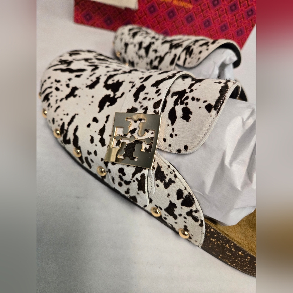 TORY BURCH MELLOW STUDDED MULE cow Print With Gold Studs Woman's 10 Slides NIB - Picture 7 of 11